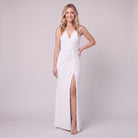Perrine white sleeveless maxi dress with a deep V-neck, ruched twist waist and high side slit, front view