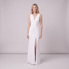 Perrine white maxi dress showing the ruched twist detail at the waist