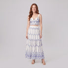 Pinta ivory broderie skirt set with blue embroidery - bralette top and tiered maxi skirt, front view