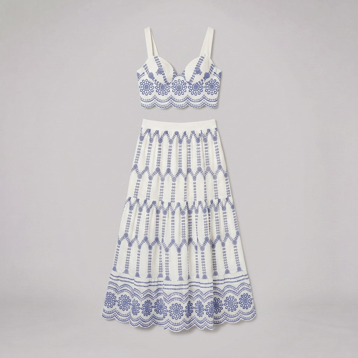 Pinta ivory broderie skirt set flat-lay - blue eyelet embroidery