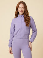 Cropped zip jacket in stretch woven fabric with a high collar, view 1
