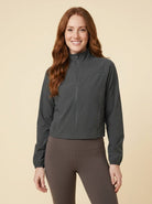 Cropped zip jacket in stretch woven fabric with a high collar, view 3