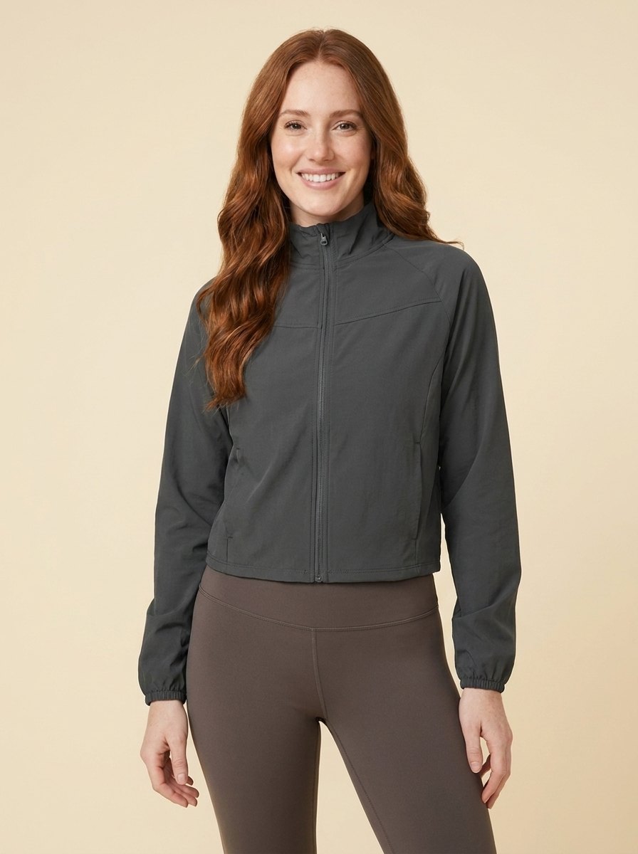 Cropped zip jacket in stretch woven fabric with a high collar, view 3