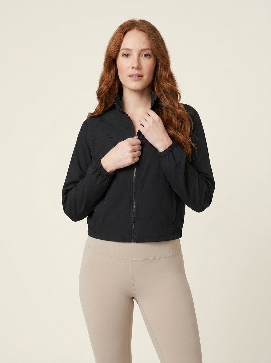 Cropped zip jacket in stretch woven fabric with a high collar, view 5