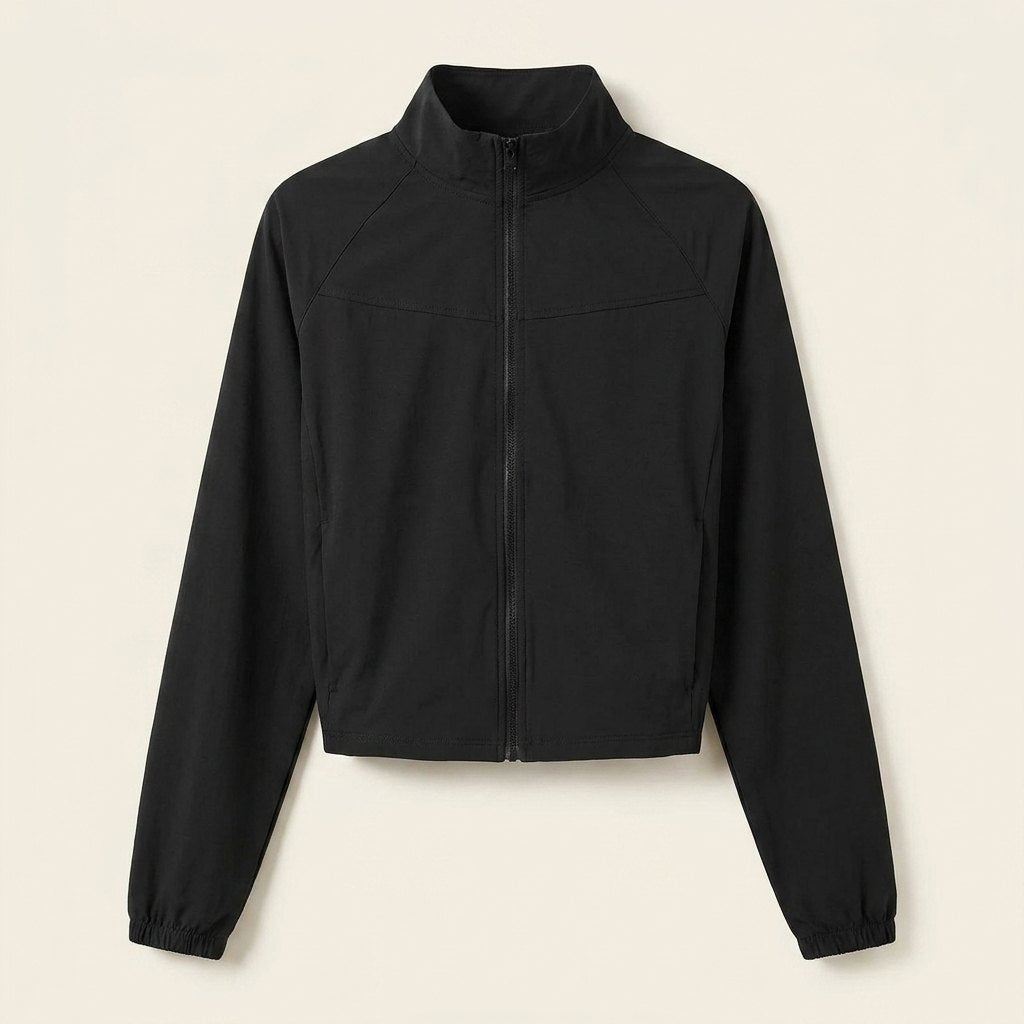 Cropped zip jacket in stretch woven fabric with a high collar, view 7