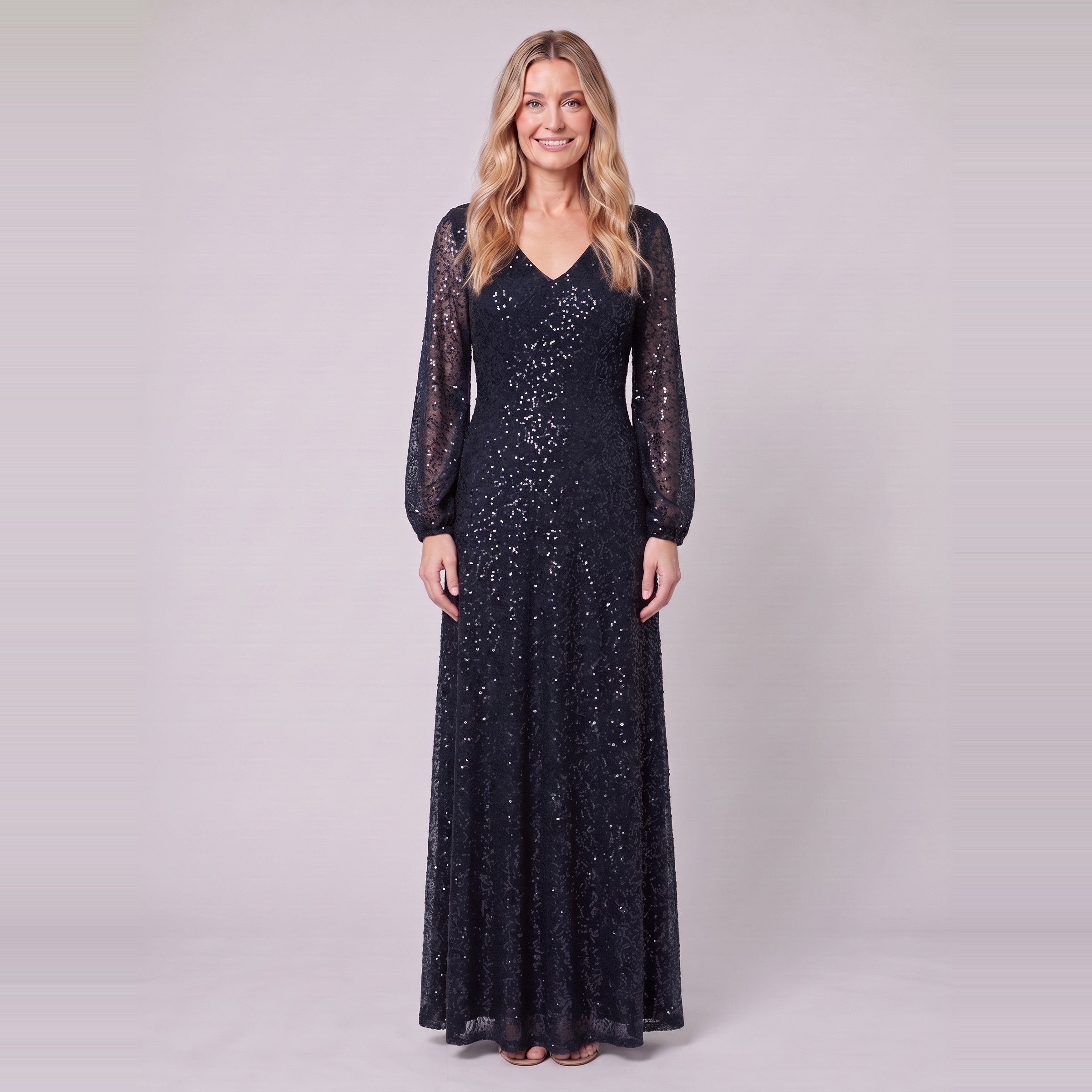 Rayven sequin evening gown in black, front view