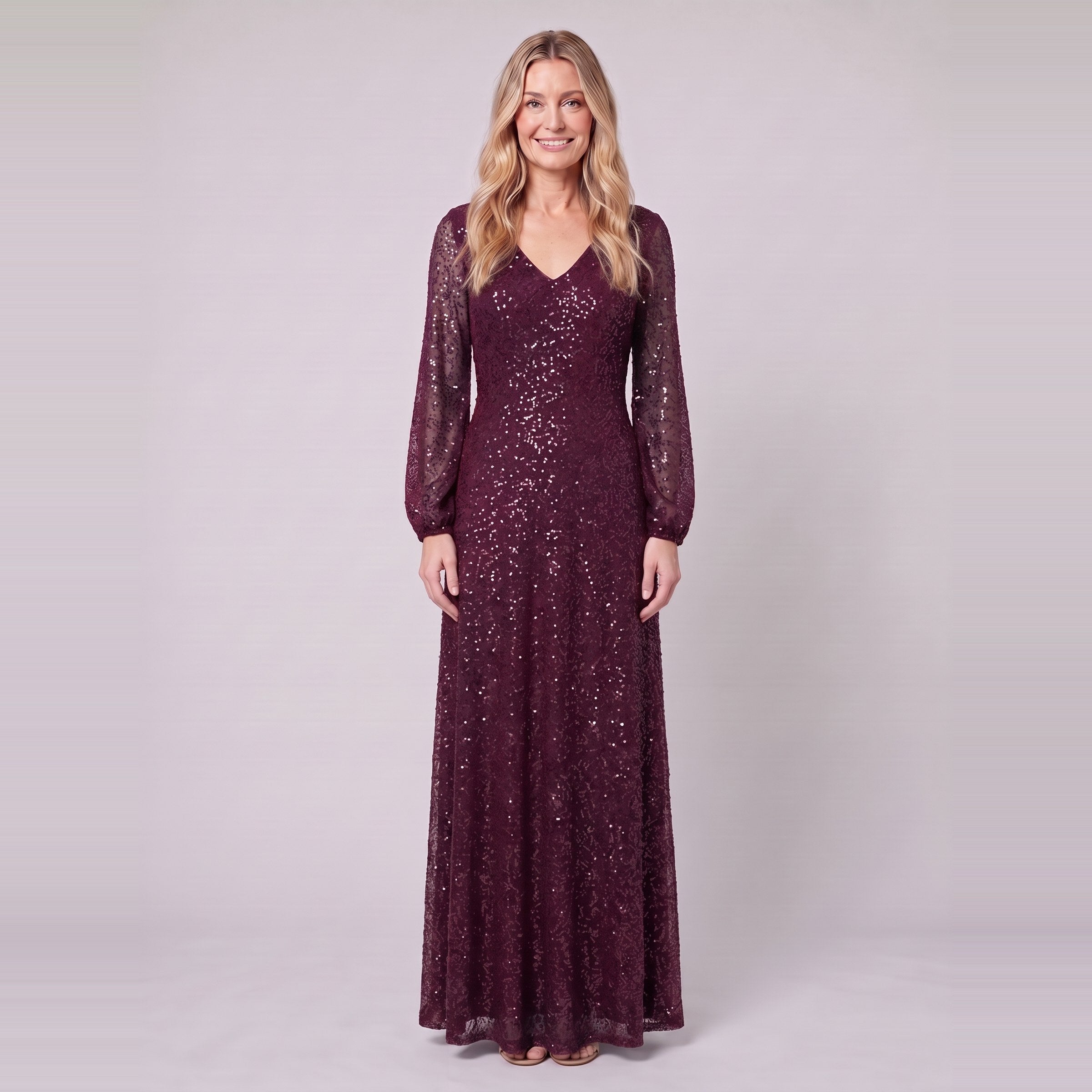 Rayven sequin evening gown in burgundy, front view