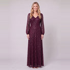 Rayven sequin evening gown in burgundy, front view