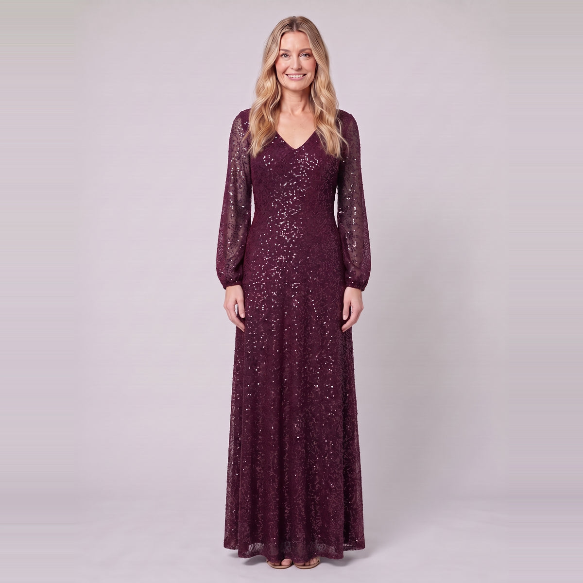 Rayven sequin evening gown in burgundy, front view