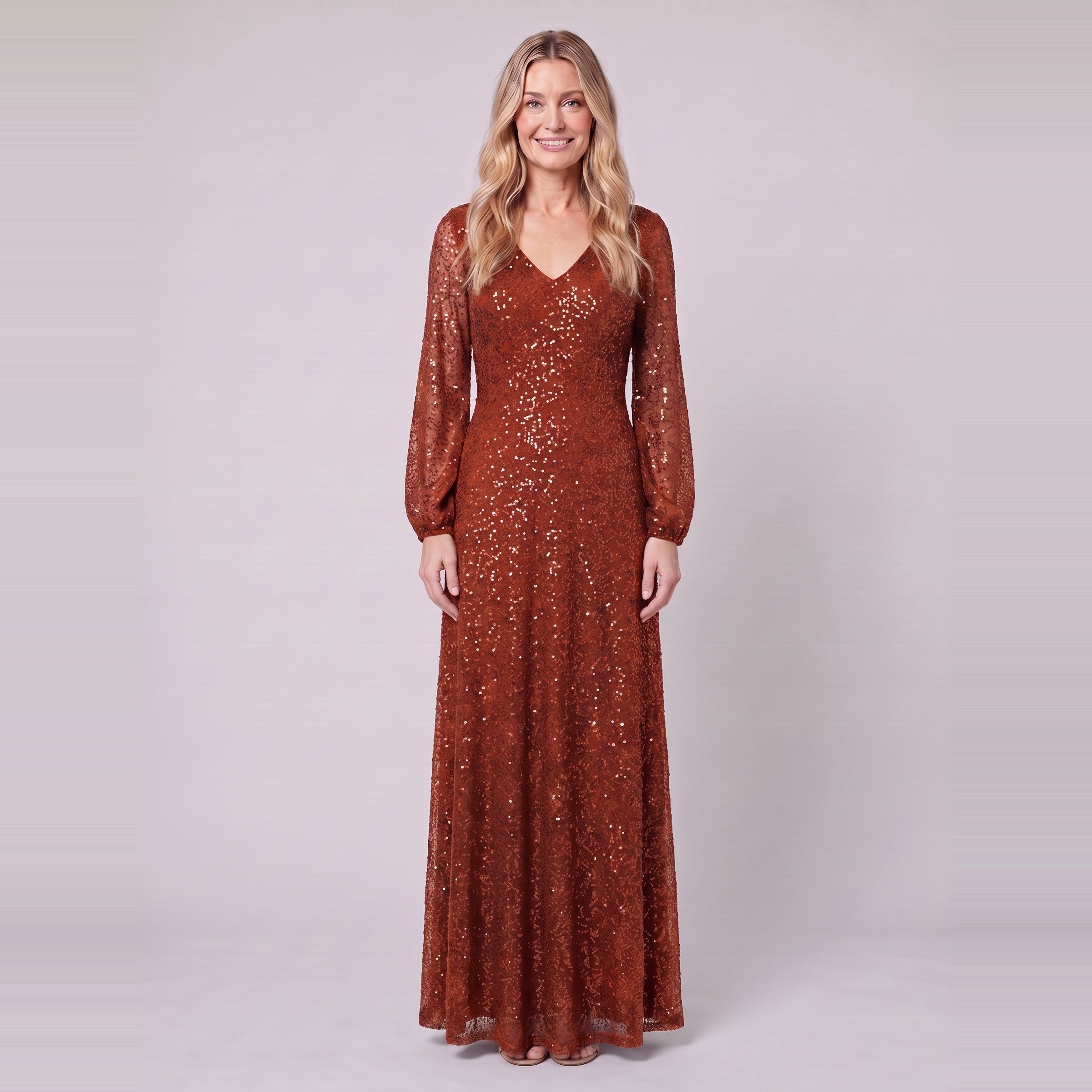 Rayven sequin evening gown in burnt orange, front view