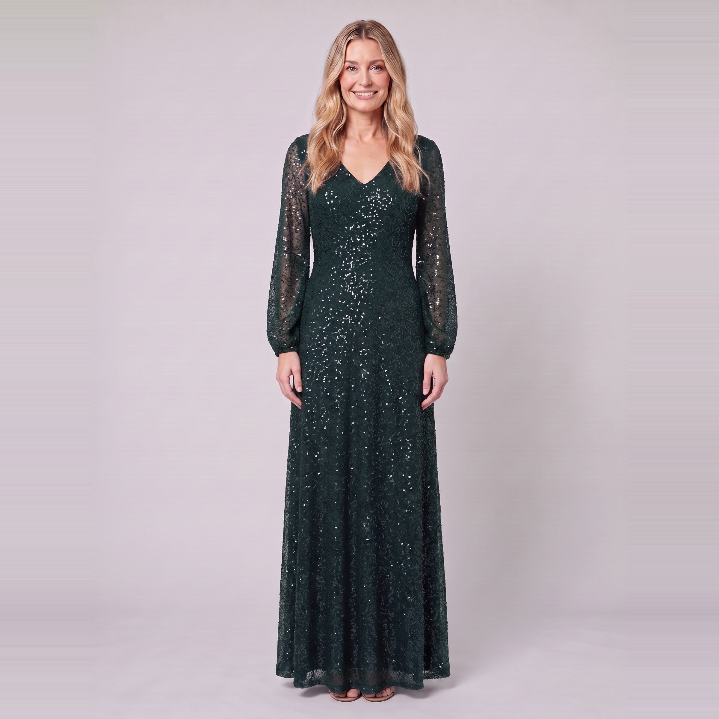 Rayven sequin evening gown in dark green, front view