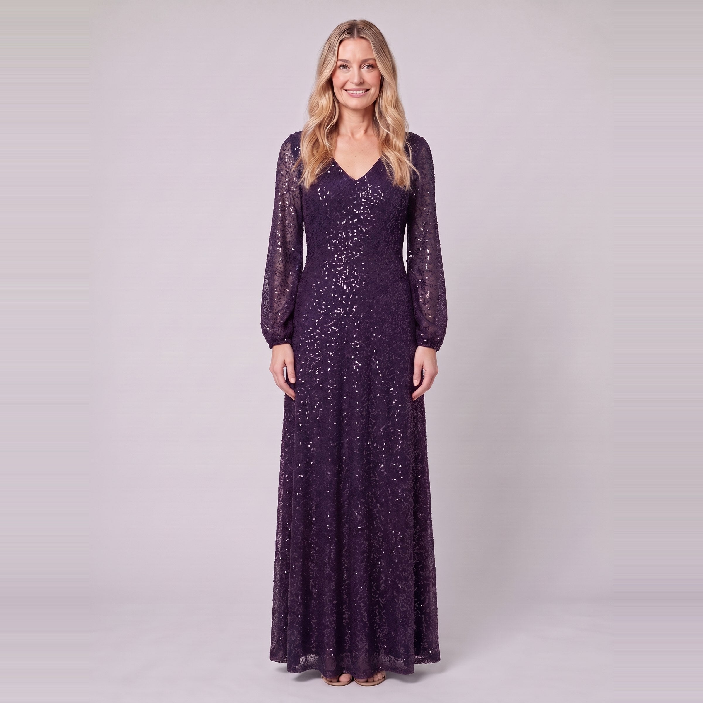 Rayven sequin evening gown in dark purple, front view