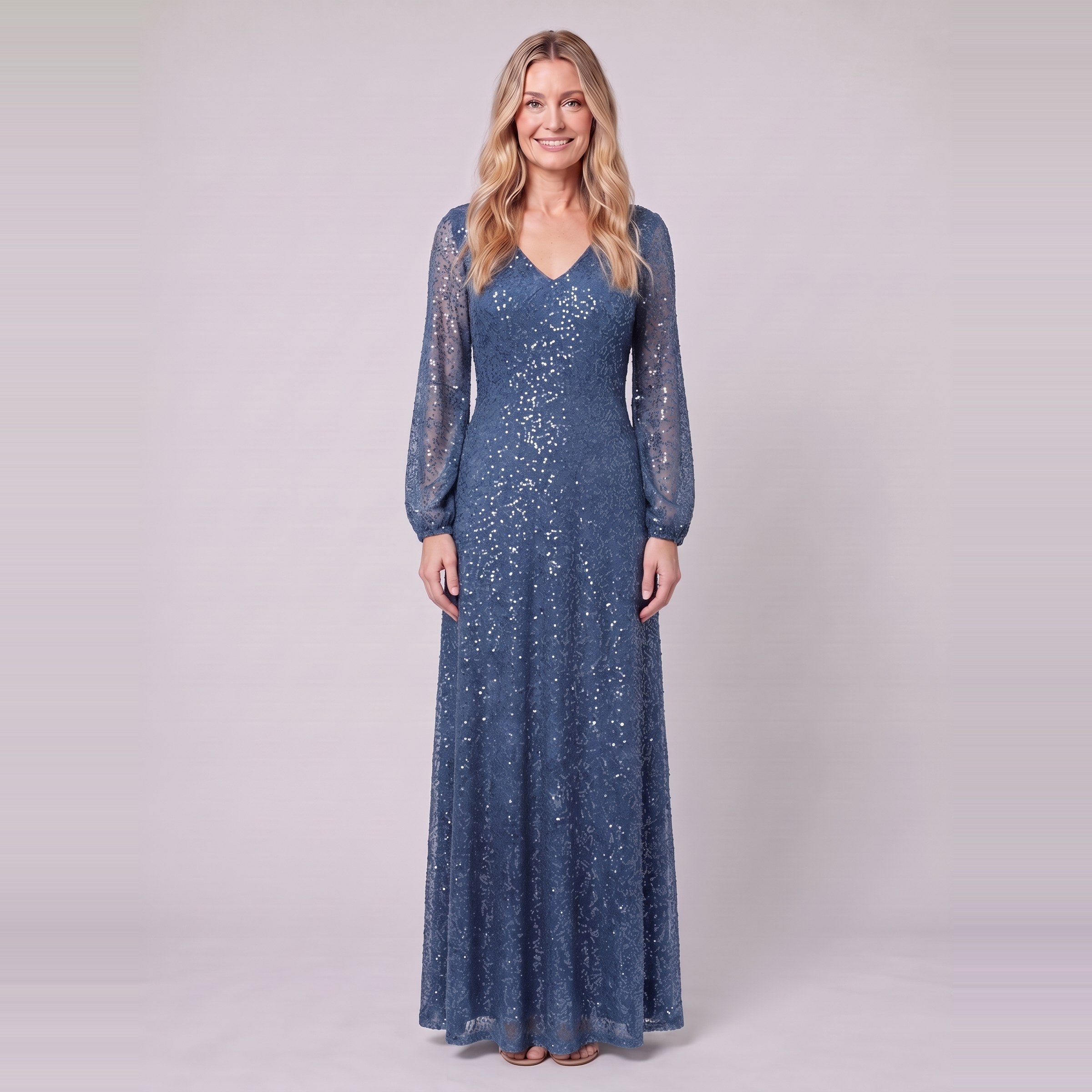Rayven sequin evening gown in dusty blue, front view