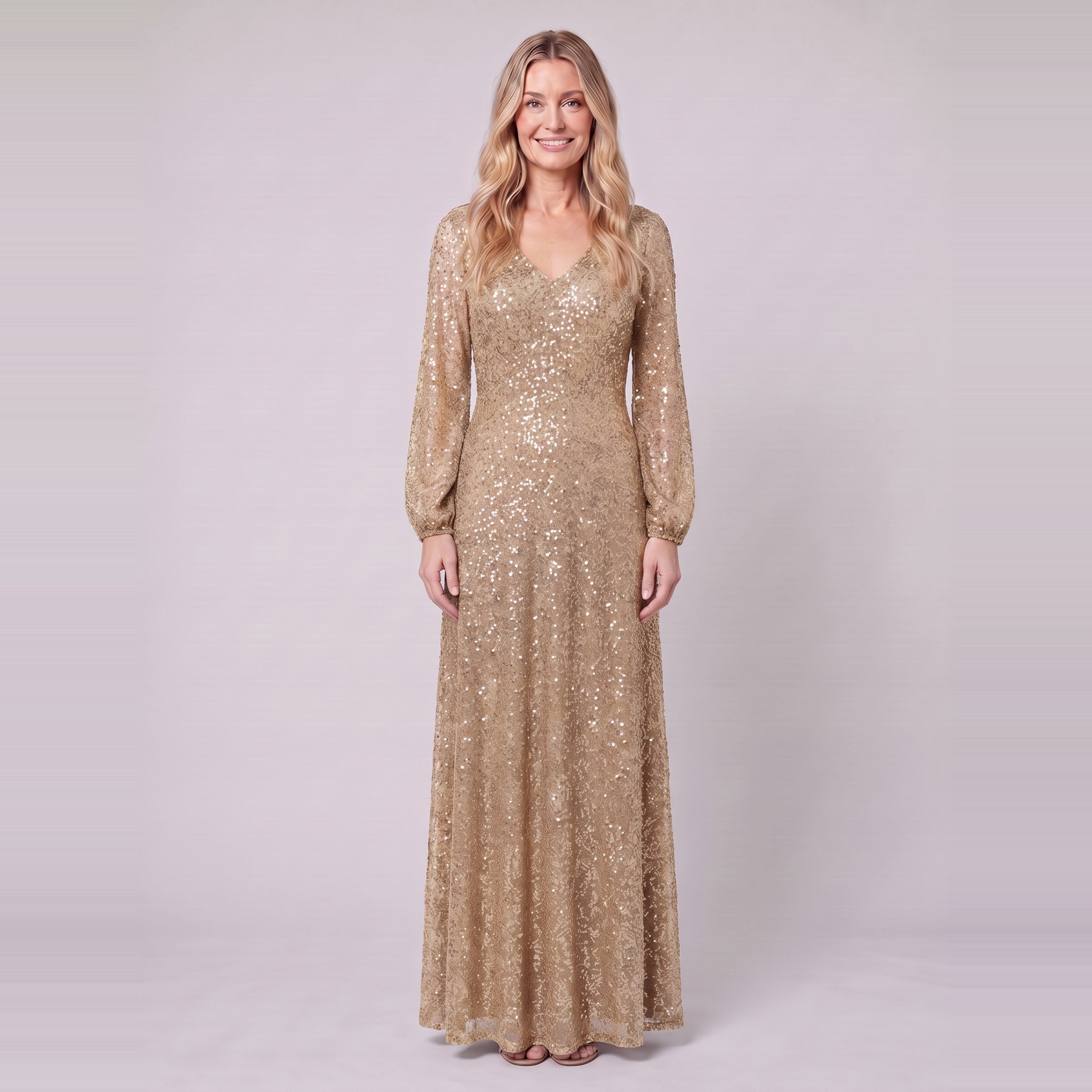 Rayven sequin evening gown in gold, front view