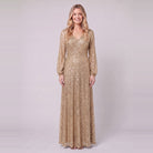 Rayven sequin evening gown in gold, front view