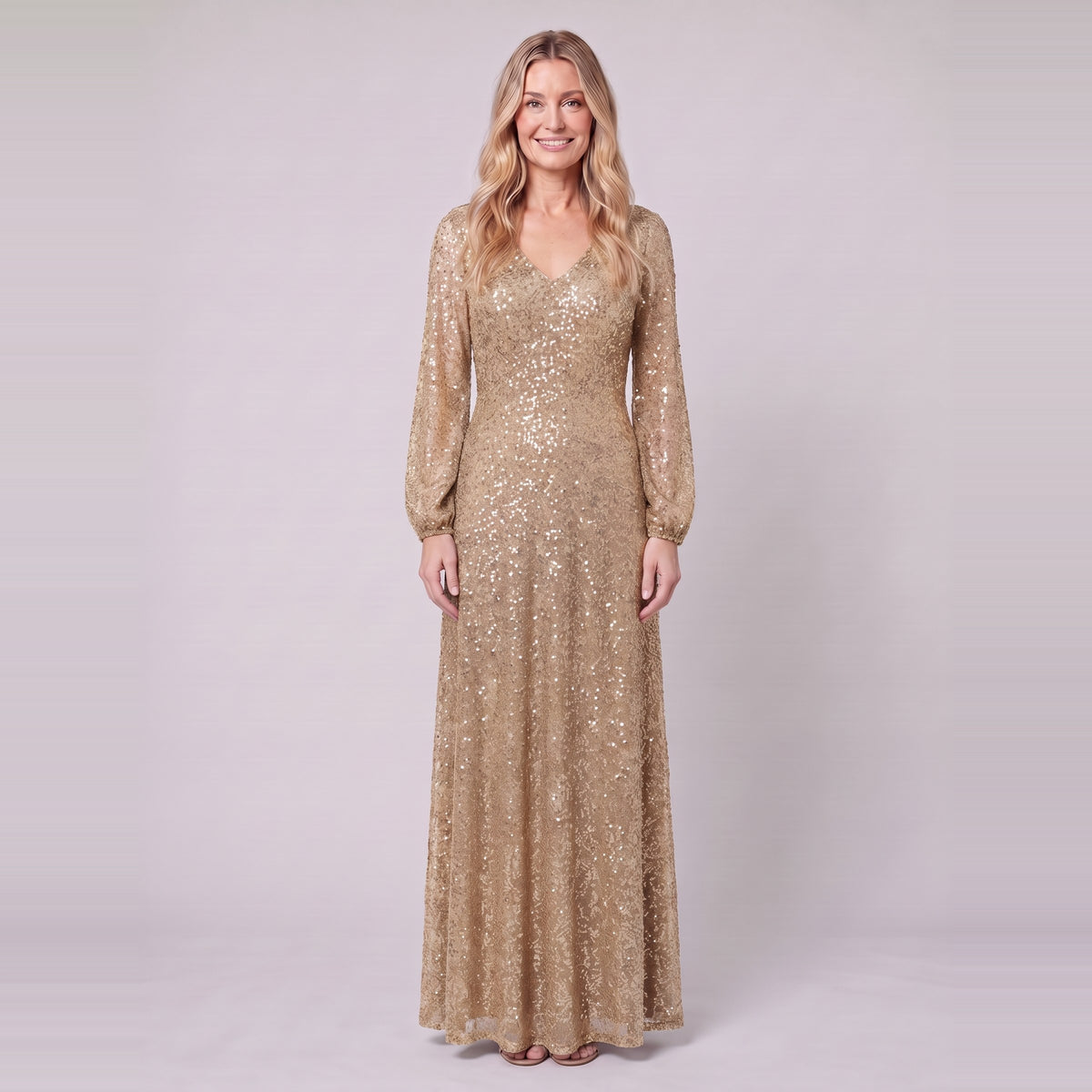 Rayven sequin evening gown in gold, front view