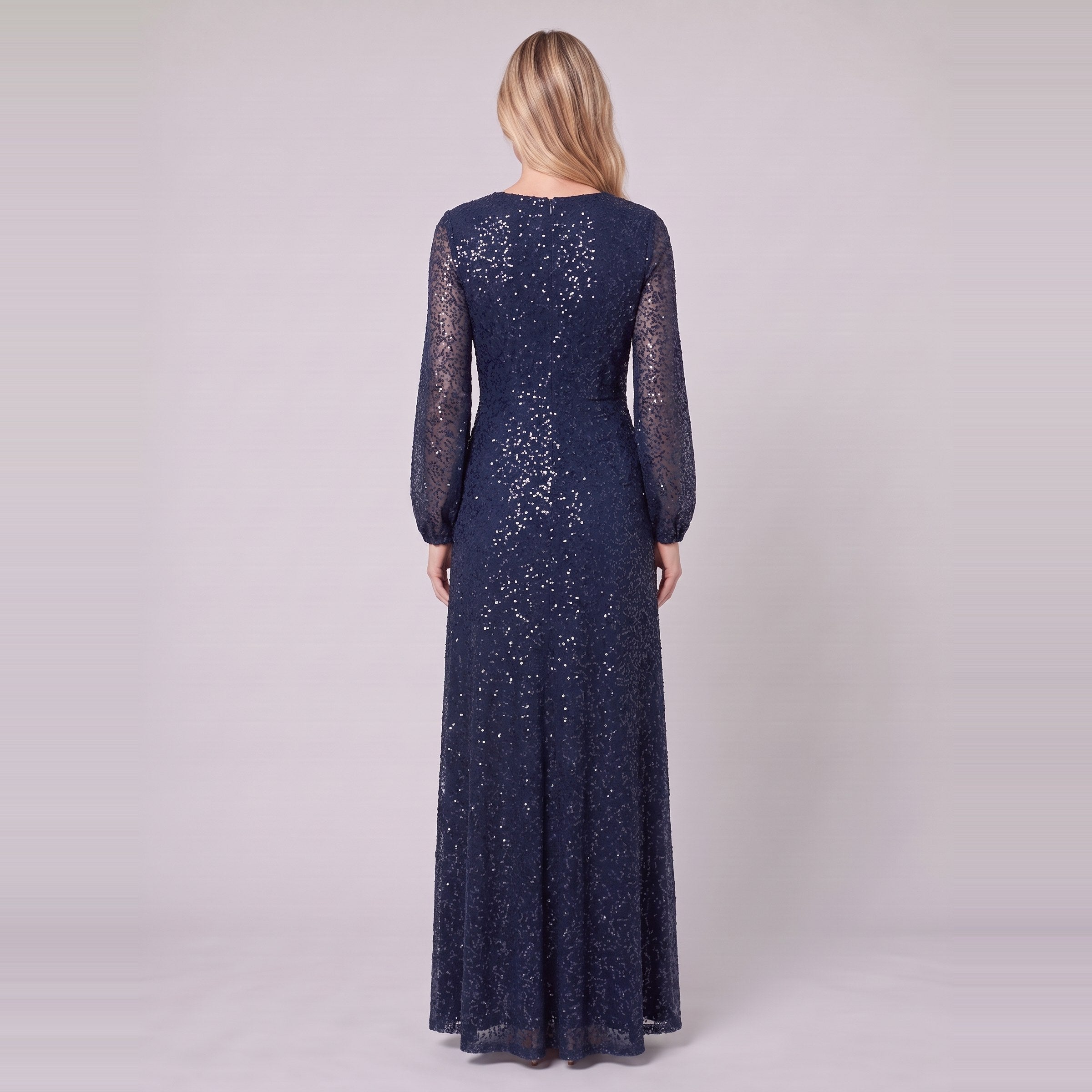 Rayven navy sequin gown seen from behind
