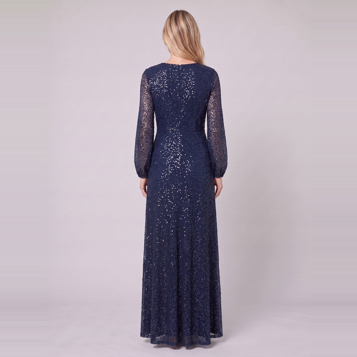Rayven navy sequin gown seen from behind