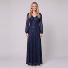 Rayven navy sequin floor-length A-line gown with lantern sleeves, front view