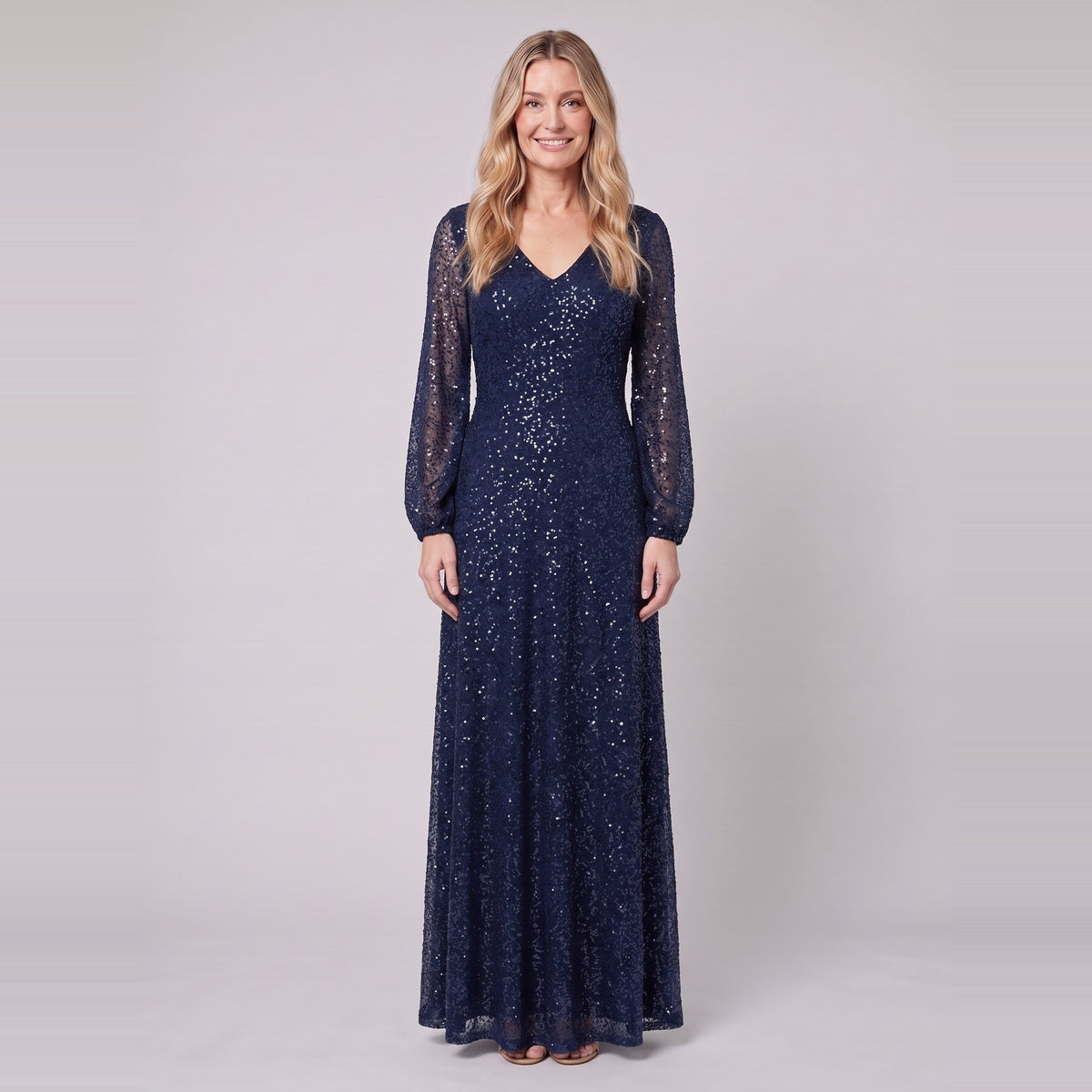 Rayven navy sequin floor-length A-line gown with lantern sleeves, front view
