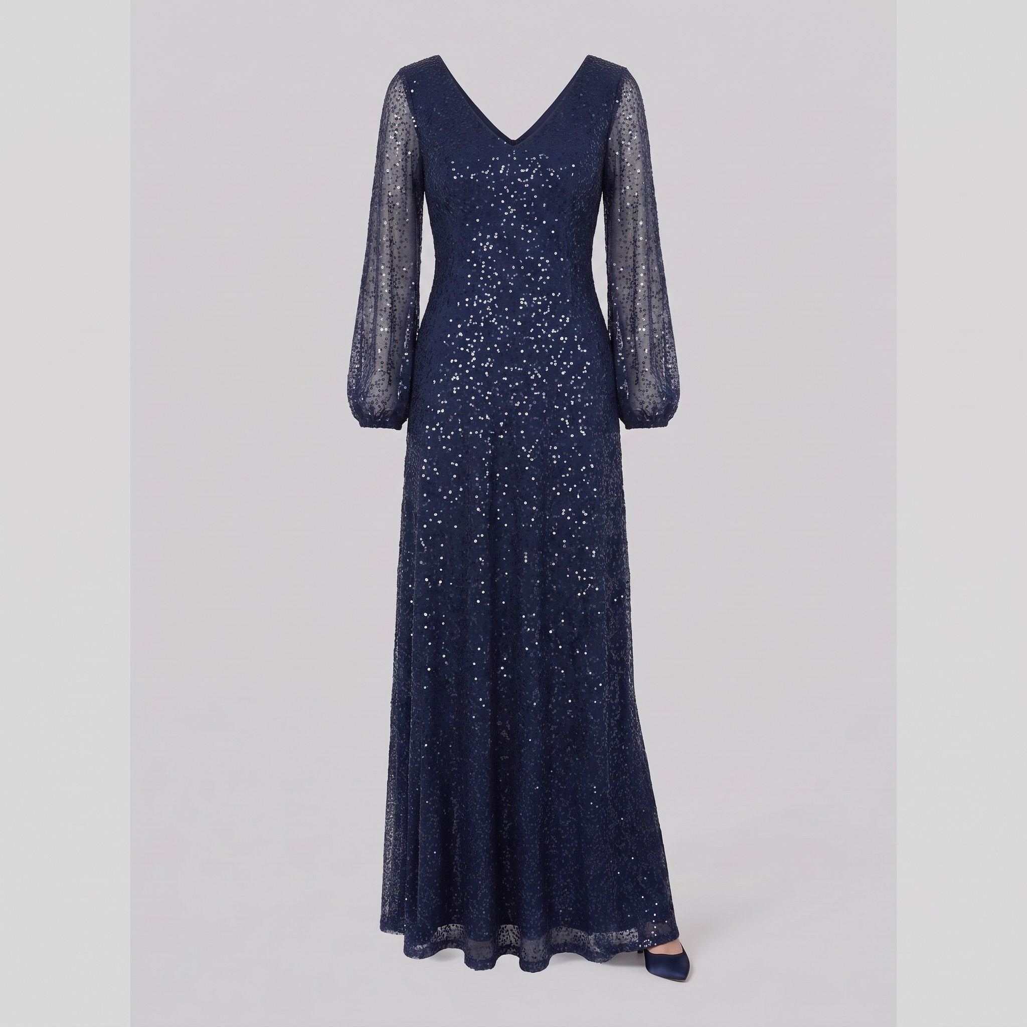 Rayven navy sequin gown shown without a model on a light grey background