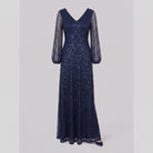 Rayven navy sequin gown shown without a model on a light grey background