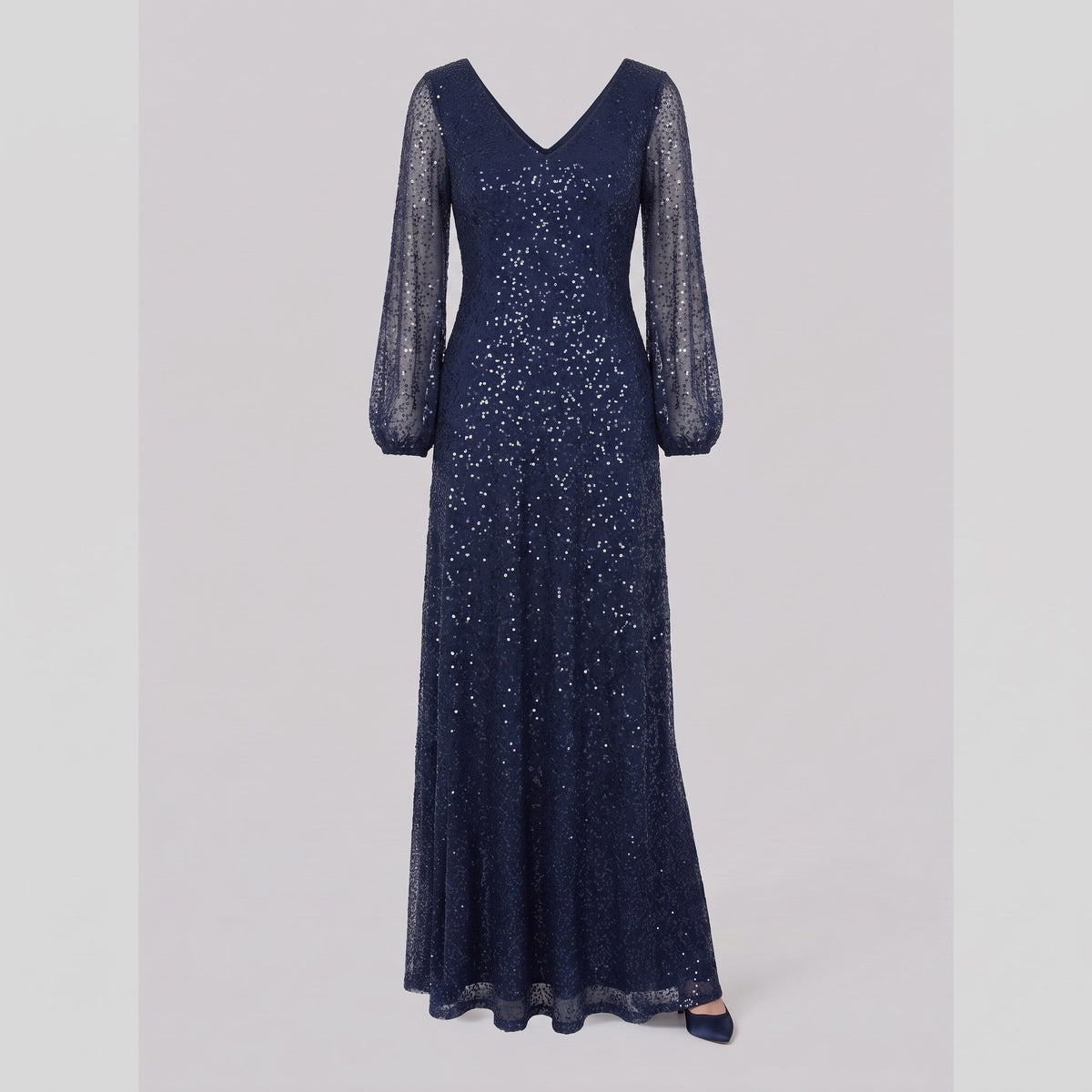 Rayven navy sequin gown shown without a model on a light grey background
