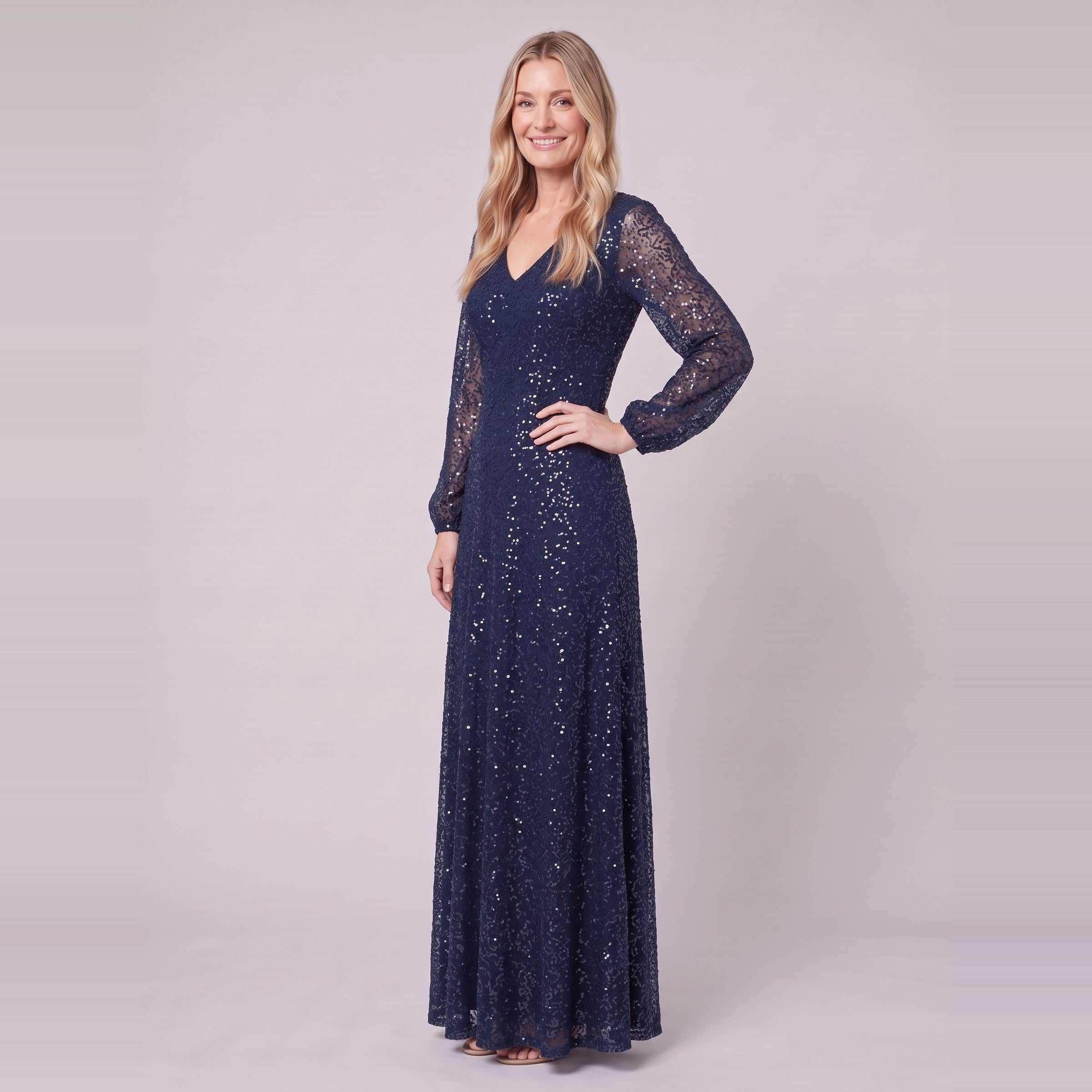 Rayven navy sequin gown, three-quarter view