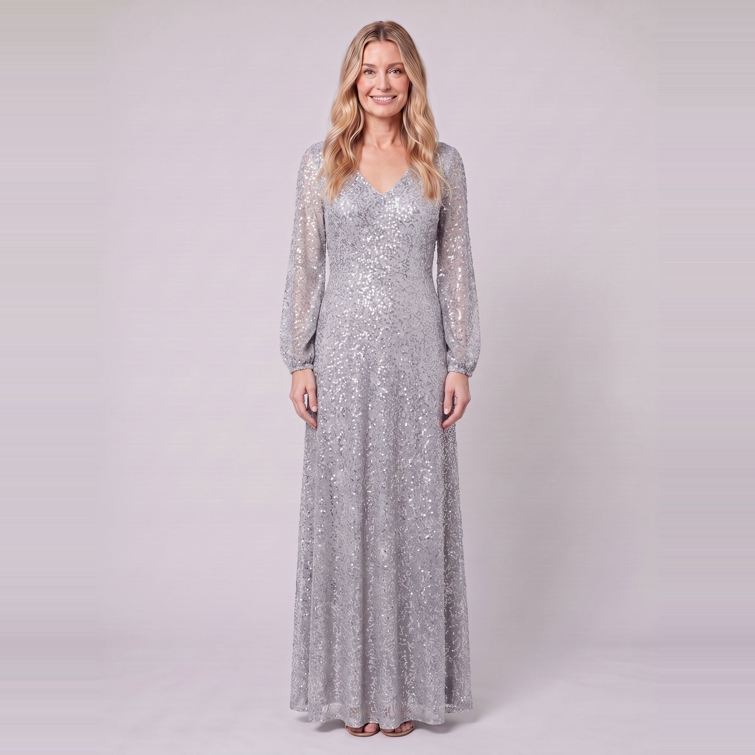 Rayven sequin evening gown in silver, front view