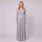 Rayven sequin evening gown in silver, front view