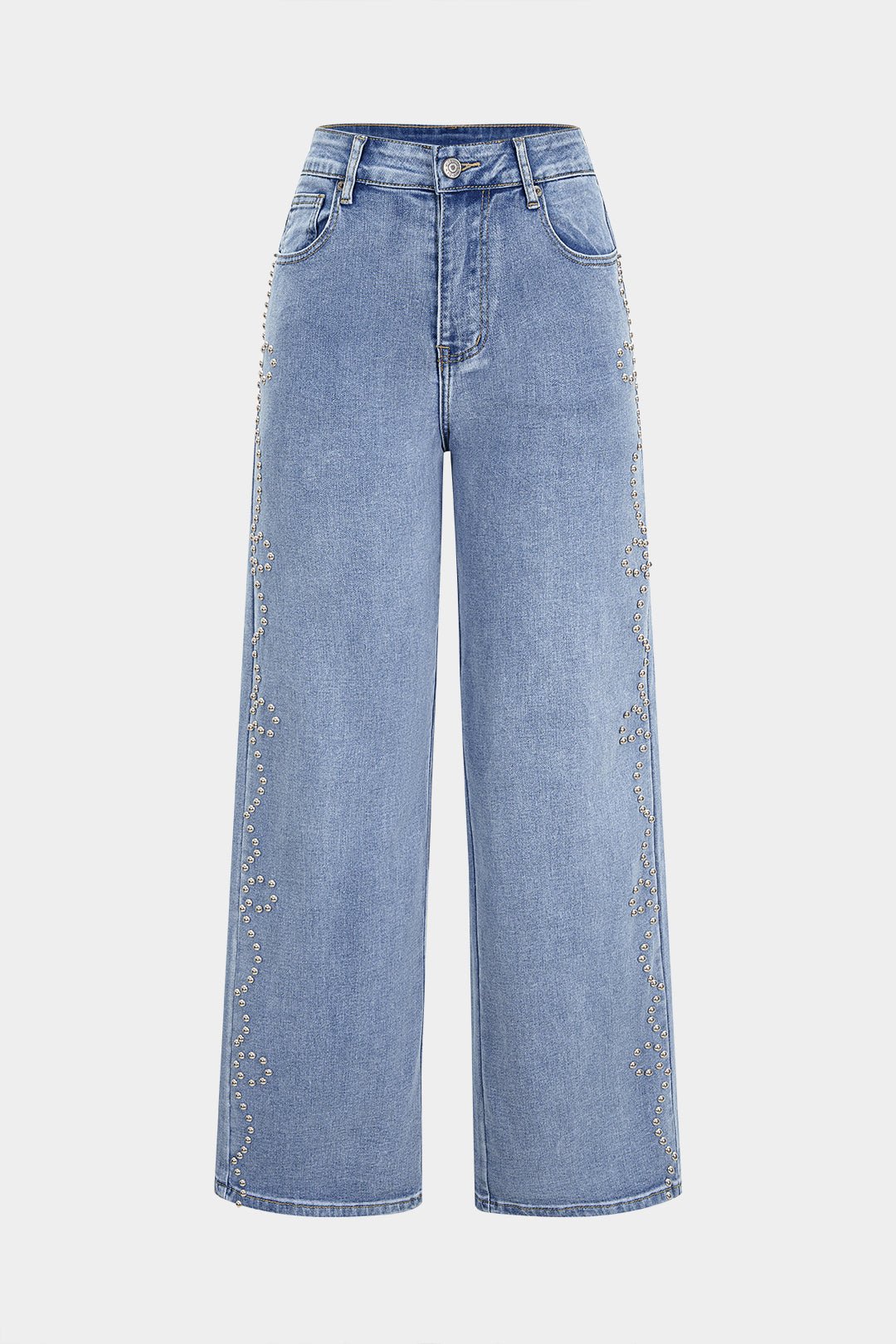 Light wash high-rise wide leg jeans with stud detailing, view 1