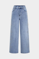 Light wash high-rise wide leg jeans with stud detailing, view 1