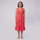 Sleeveless midi dress with a corset-effect bodice and red embroidery, view 1