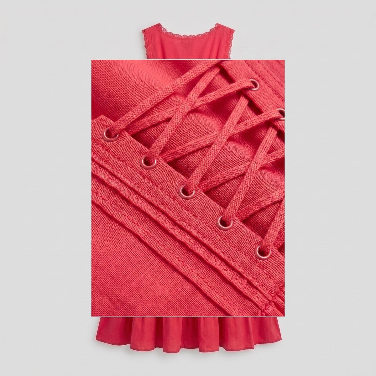 Embroidered corset-effect midi dress, view 6