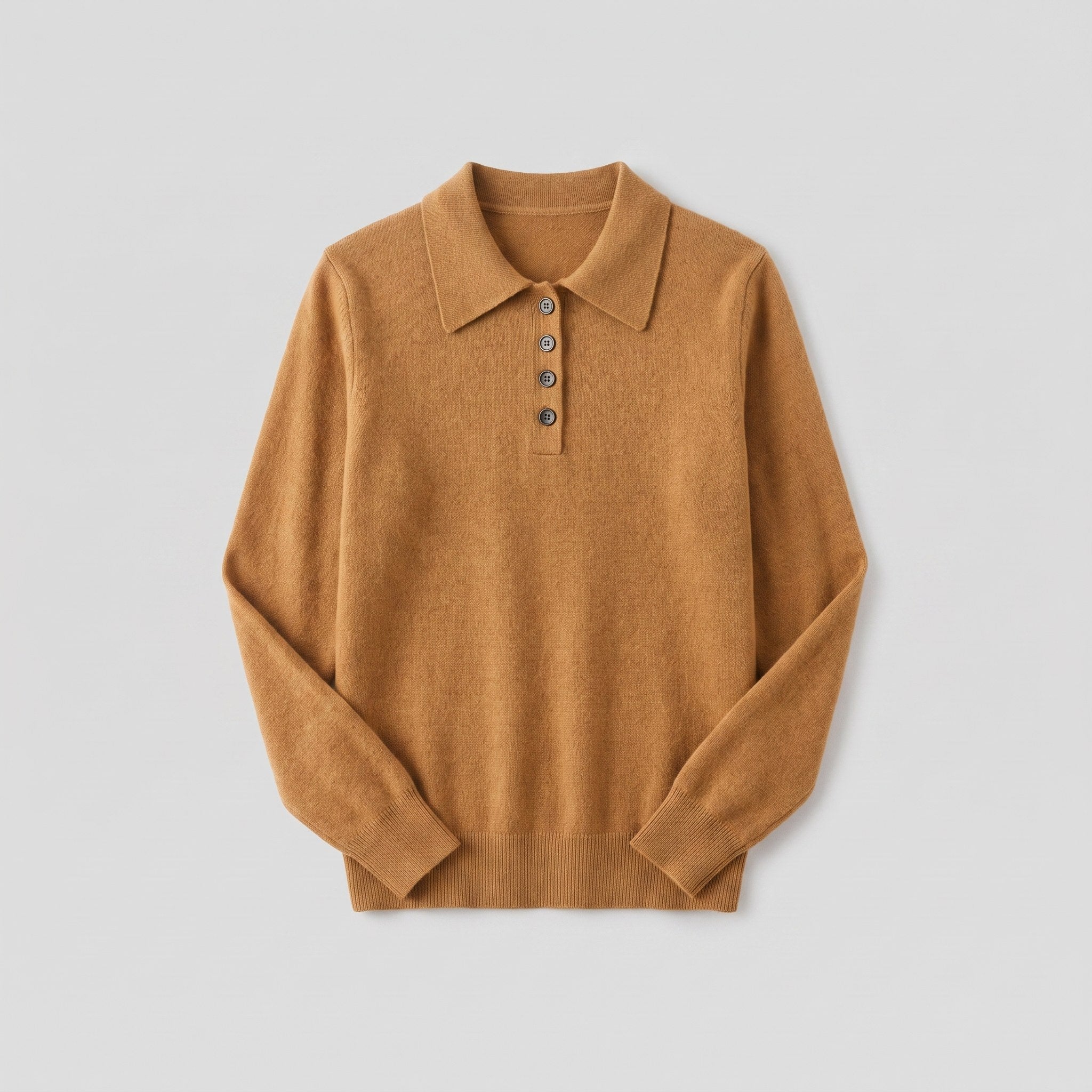 Camel knitted polo top, flat lay