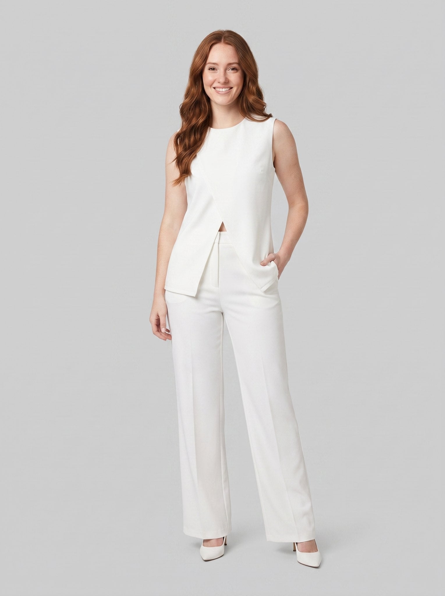 Ivory sleeveless top and trouser set, view 1
