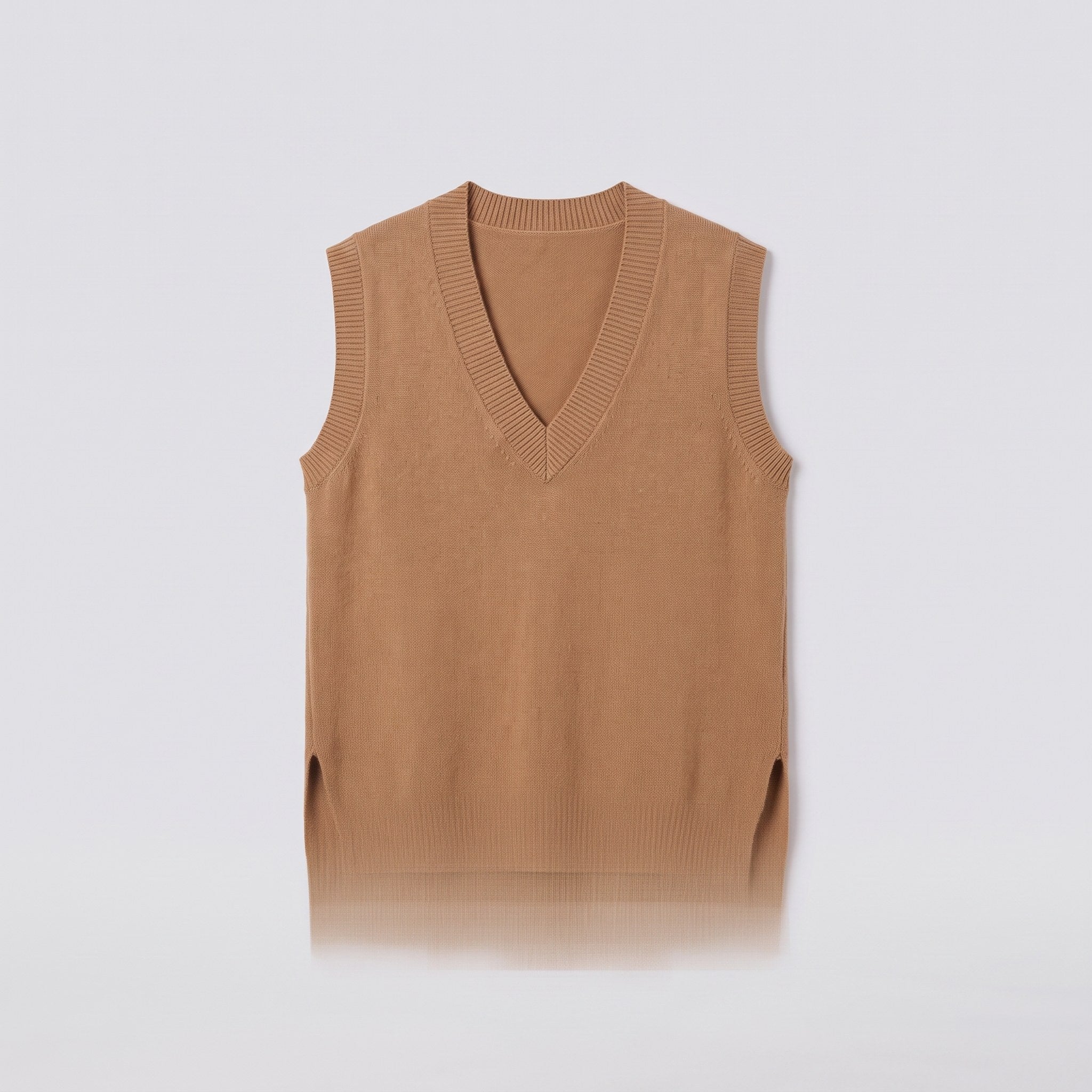 Roxane knit vest in camel brown, flat lay showing the sleeveless V-neck shape