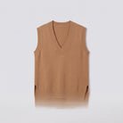 Roxane knit vest in camel brown, flat lay showing the sleeveless V-neck shape