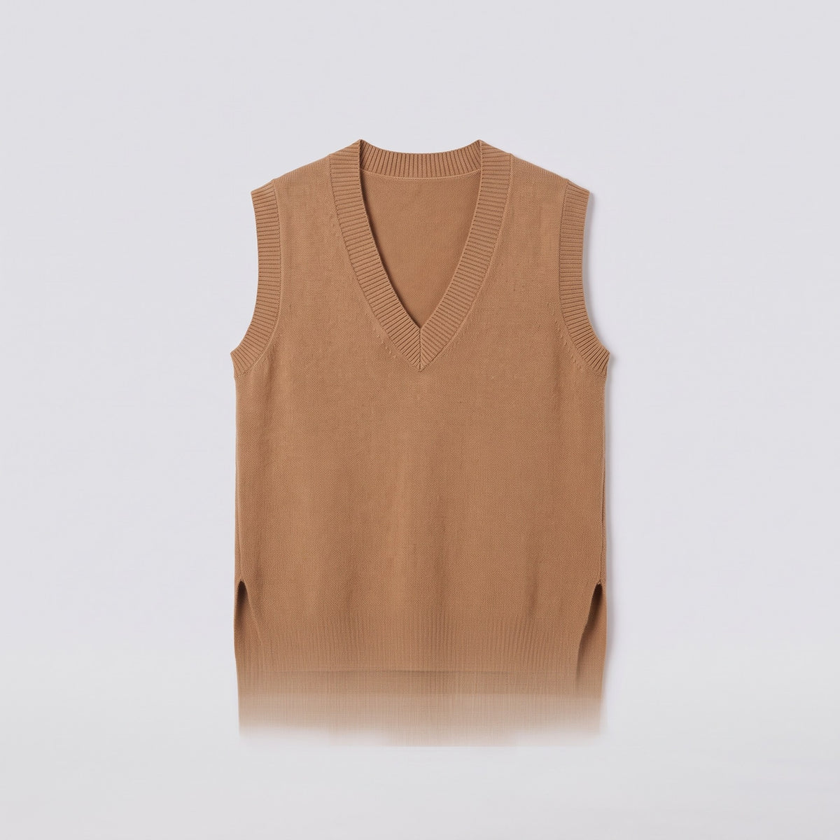 Roxane knit vest in camel brown, flat lay showing the sleeveless V-neck shape