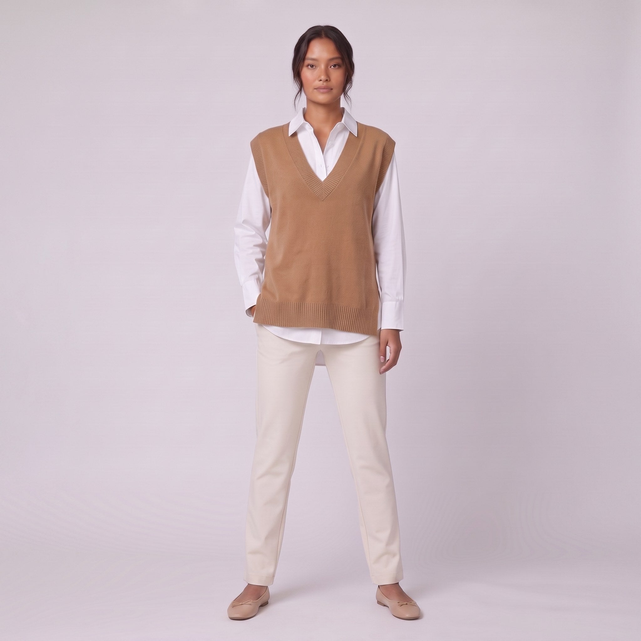 Roxane knit vest in camel brown, full front view showing the V-neck and relaxed fit