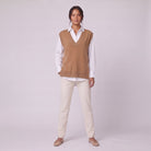 Roxane knit vest in camel brown, full front view showing the V-neck and relaxed fit