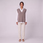 Roxane knit vest in cocoa mauve brown grey, front view on model