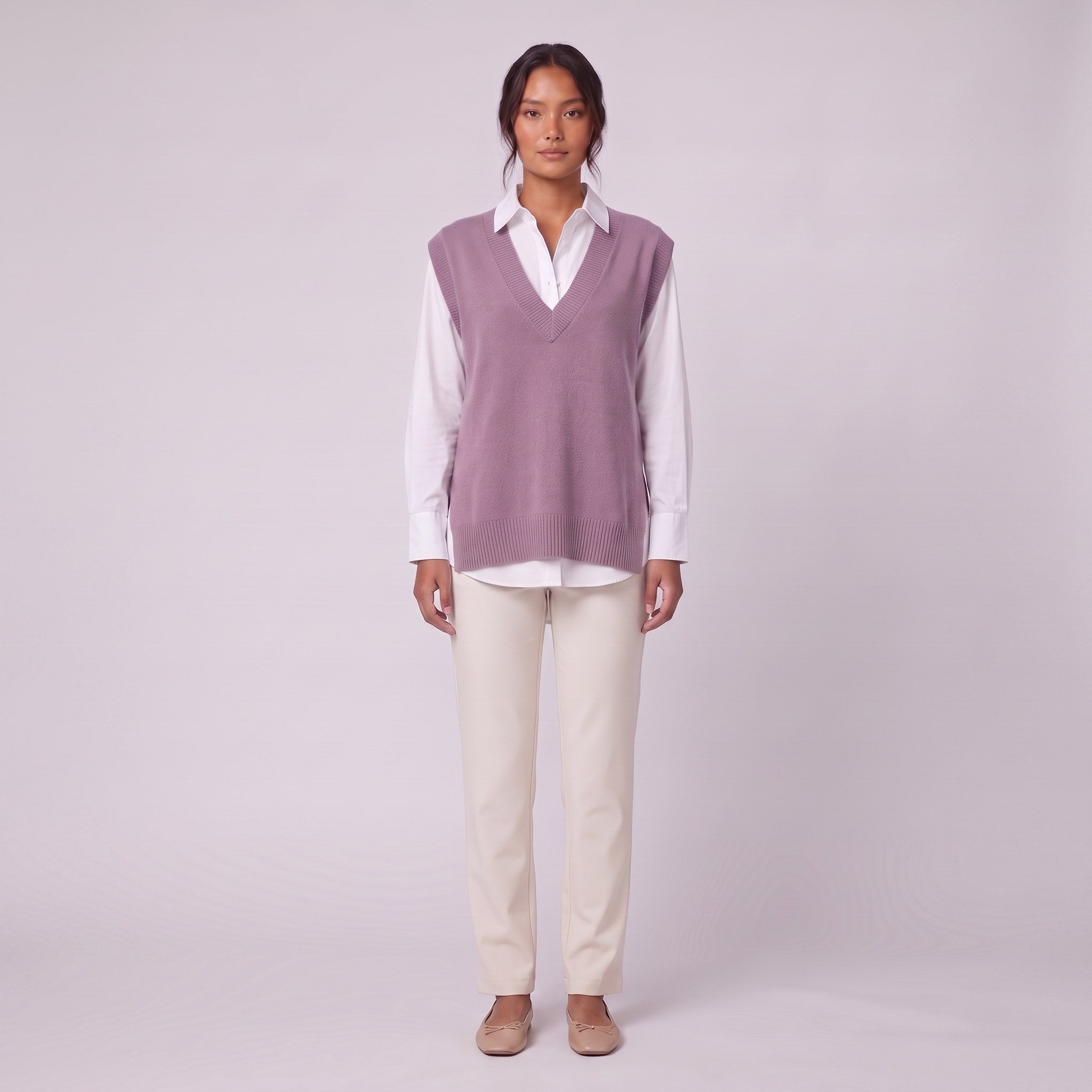 Roxane knit vest in lilac purple, front view on model