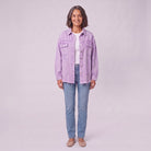 Saoirse distressed denim shacket in lilac purple, front view on model