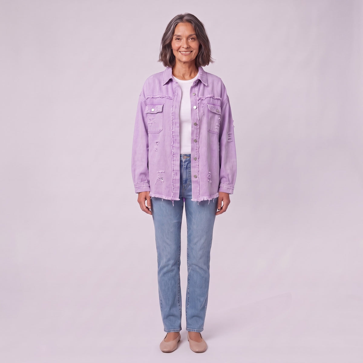 Saoirse distressed denim shacket in lilac purple, front view on model