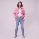 Saoirse denim shacket in pink, full front view on model