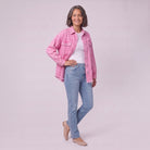 Saoirse denim shacket in pink, three-quarter view showing the oversized fit