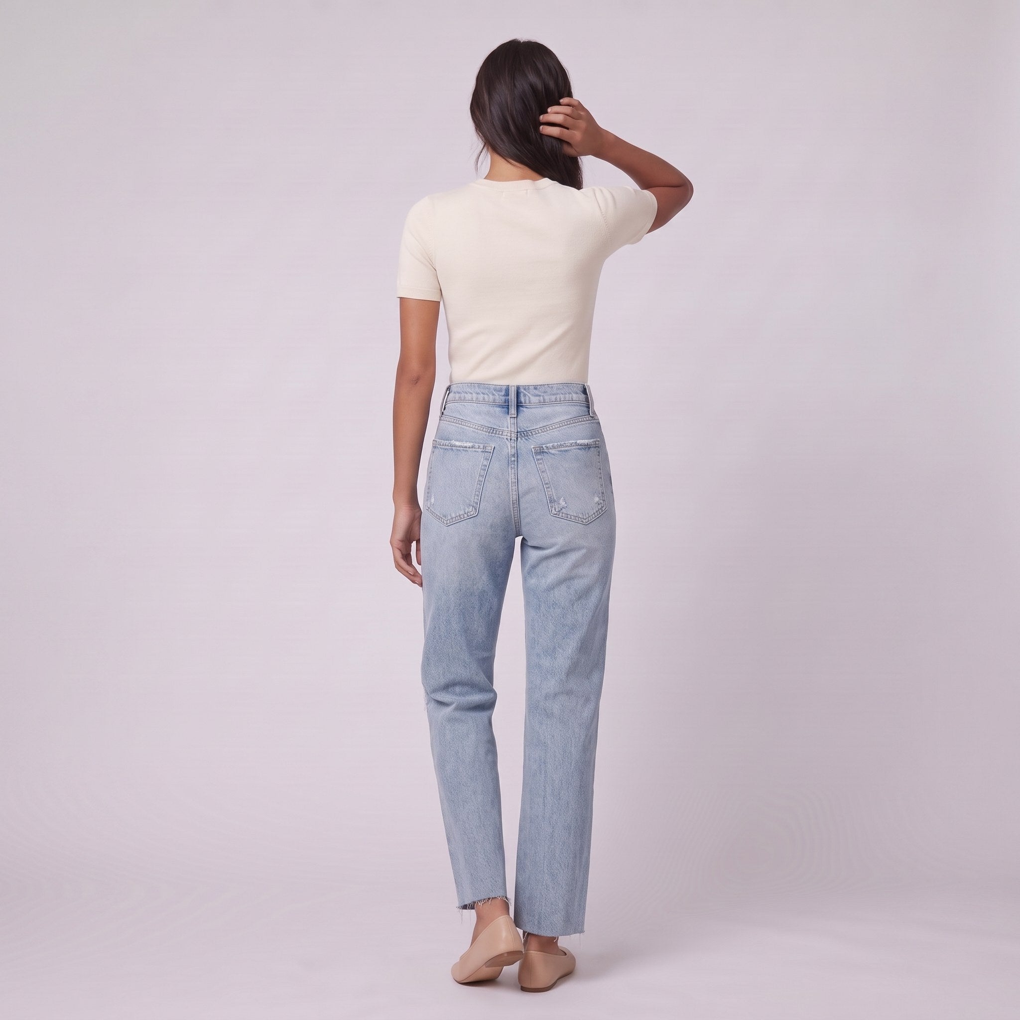 Savona distressed jeans in light wash, back view on model