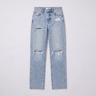 Savona distressed jeans flat lay, full garment on light grey