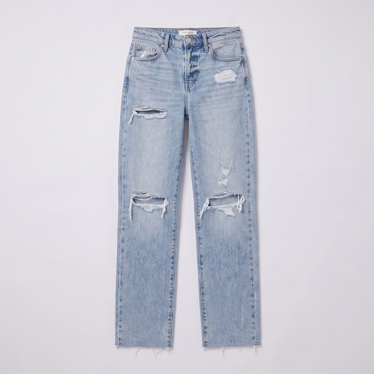 Savona distressed jeans flat lay, full garment on light grey